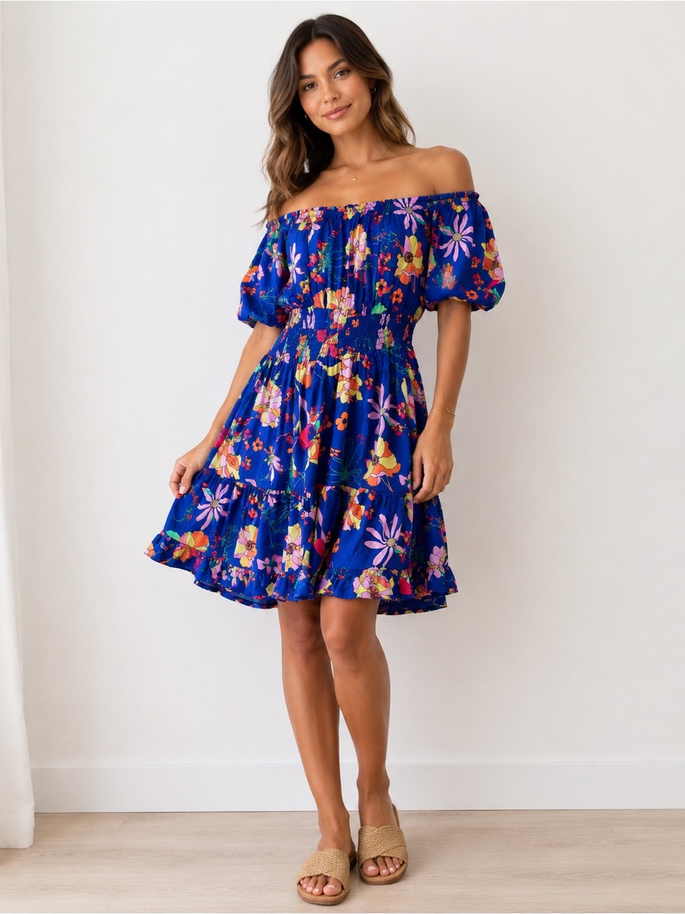 🌺 Easel Floral Off-Shoulder Smocked Dress